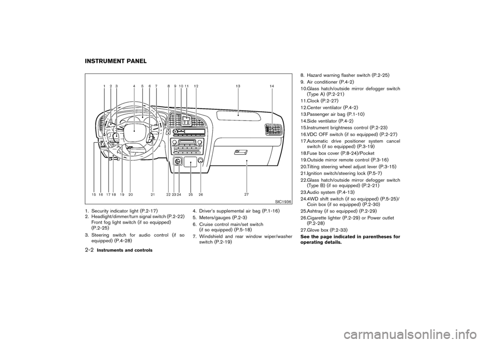 NISSAN PATHFINDER 2004 R50 / 2.G Owners Manual 1. Security indicator light (P.2-17)
2. Headlight/dimmer/turn signal switch (P.2-22)
Front fog light switch (if so equipped)
(P.2-25)
3. Steering switch for audio control (if so
equipped) (P.4-28)4. D