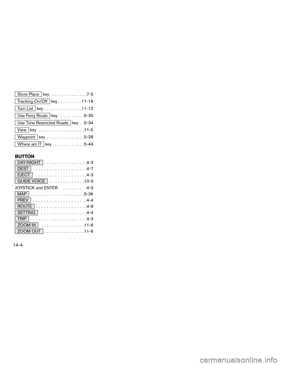 NISSAN QUEST 2004 V42 / 3.G Navigation Manual Store Place key..............7-5
Tracking On/Off key.........11-16
Turn List key..............11-12
Use Ferry Route key..........5-35
Use Time Restricted Roads key . .5-34
View key.................11-