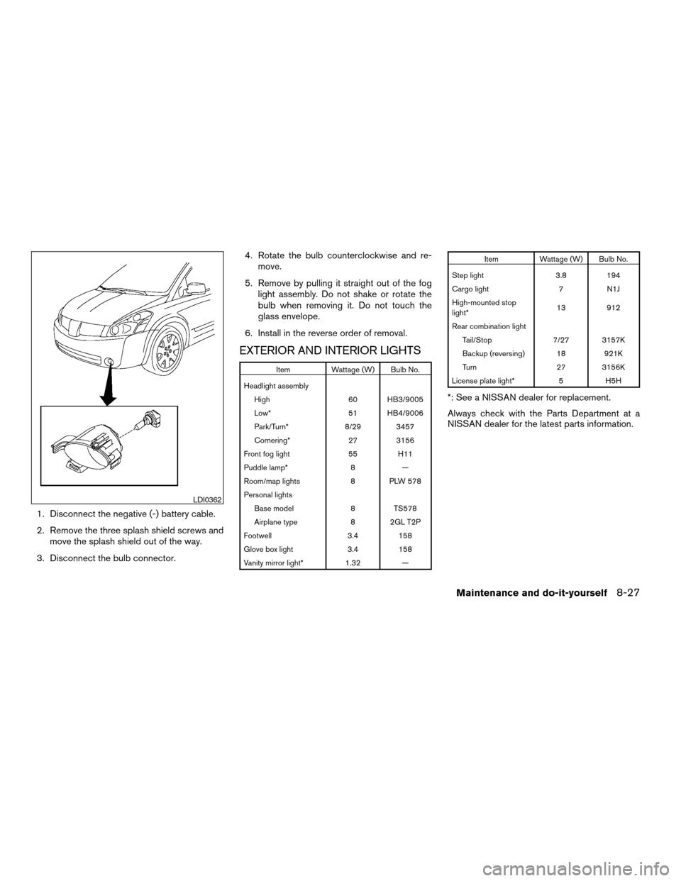 NISSAN QUEST 2004 V42 / 3.G Owners Manual 1. Disconnect the negative (-) battery cable.
2. Remove the three splash shield screws and
move the splash shield out of the way.
3. Disconnect the bulb connector.4. Rotate the bulb counterclockwise a