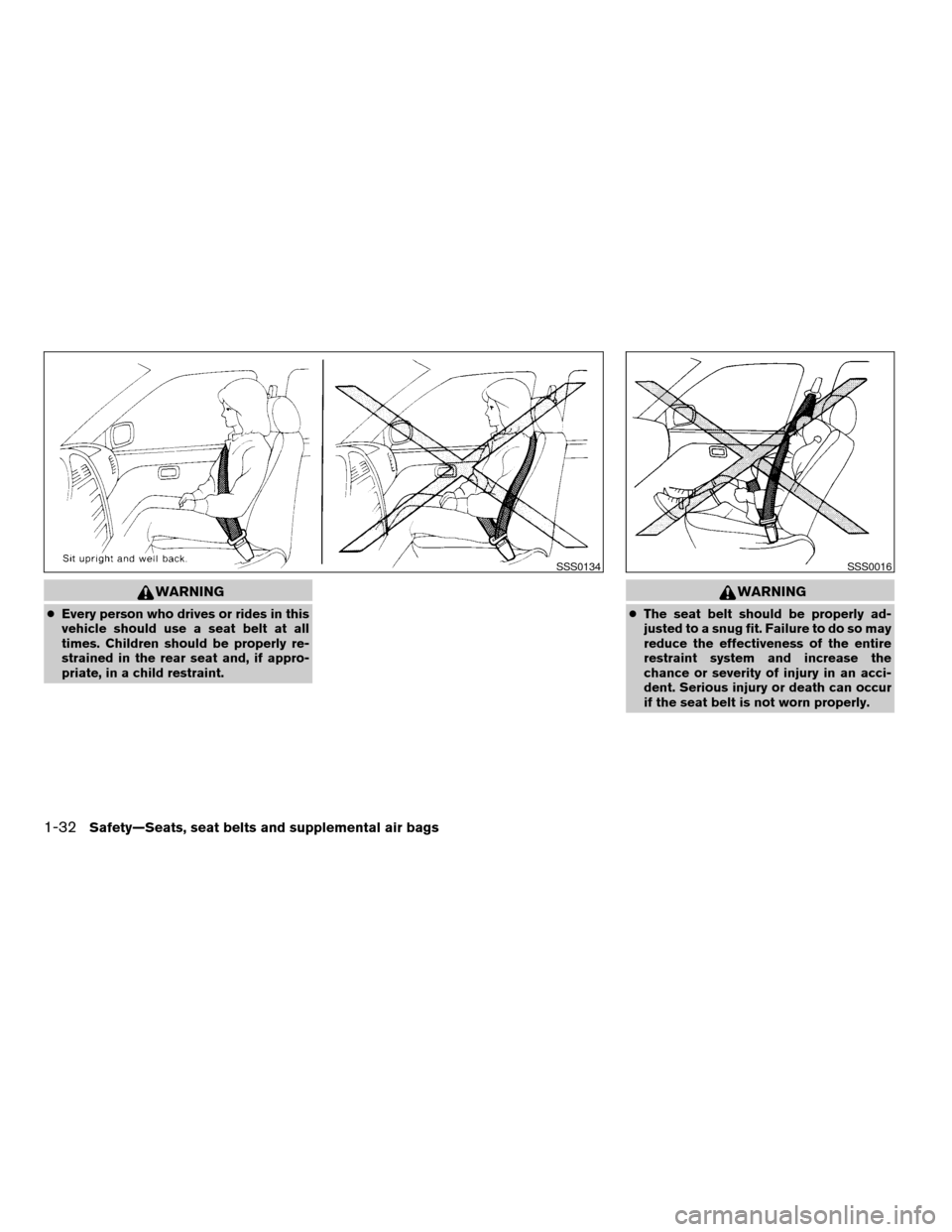 NISSAN QUEST 2004 V42 / 3.G Service Manual WARNING
cEvery person who drives or rides in this
vehicle should use a seat belt at all
times. Children should be properly re-
strained in the rear seat and, if appro-
priate, in a child restraint.
WA