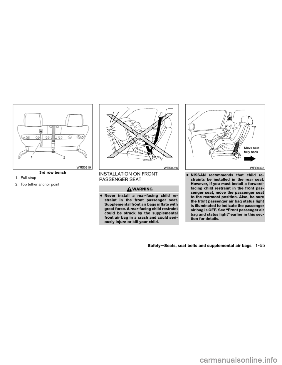 NISSAN QUEST 2004 V42 / 3.G Manual PDF 1. Pull strap
2. Top tether anchor pointINSTALLATION ON FRONT
PASSENGER SEAT
WARNING
cNever install a rear-facing child re-
straint in the front passenger seat.
Supplemental front air bags inflate wit NISSAN QUEST 2004 V42 / 3.G Manual PDF 1. Pull strap
2. Top tether anchor pointINSTALLATION ON FRONT
PASSENGER SEAT
WARNING
cNever install a rear-facing child re-
straint in the front passenger seat.
Supplemental front air bags inflate wit