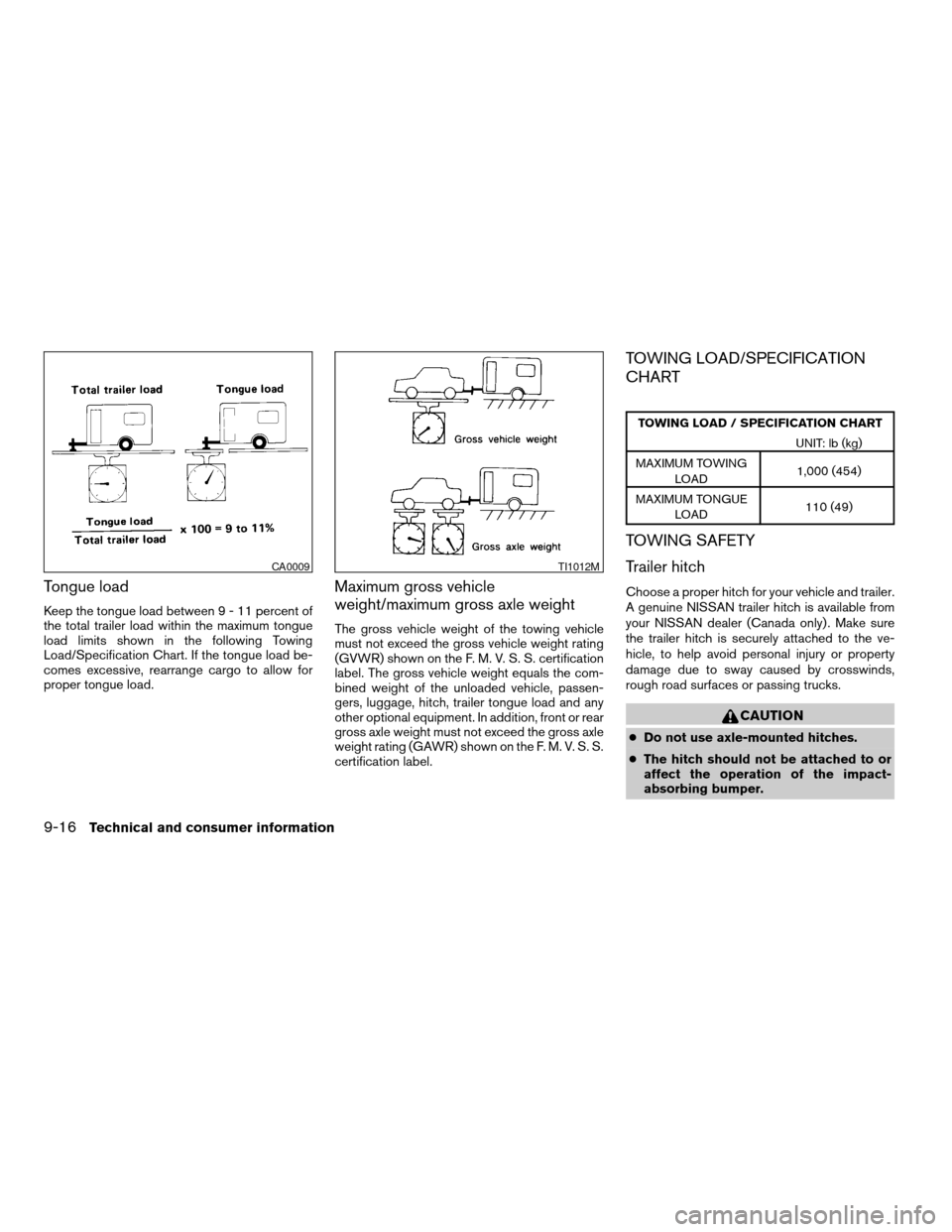 NISSAN SENTRA 2004 B15 / 5.G Owners Manual Tongue load
Keep the tongue load between9-11percent of
the total trailer load within the maximum tongue
load limits shown in the following Towing
Load/Specification Chart. If the tongue load be-
comes