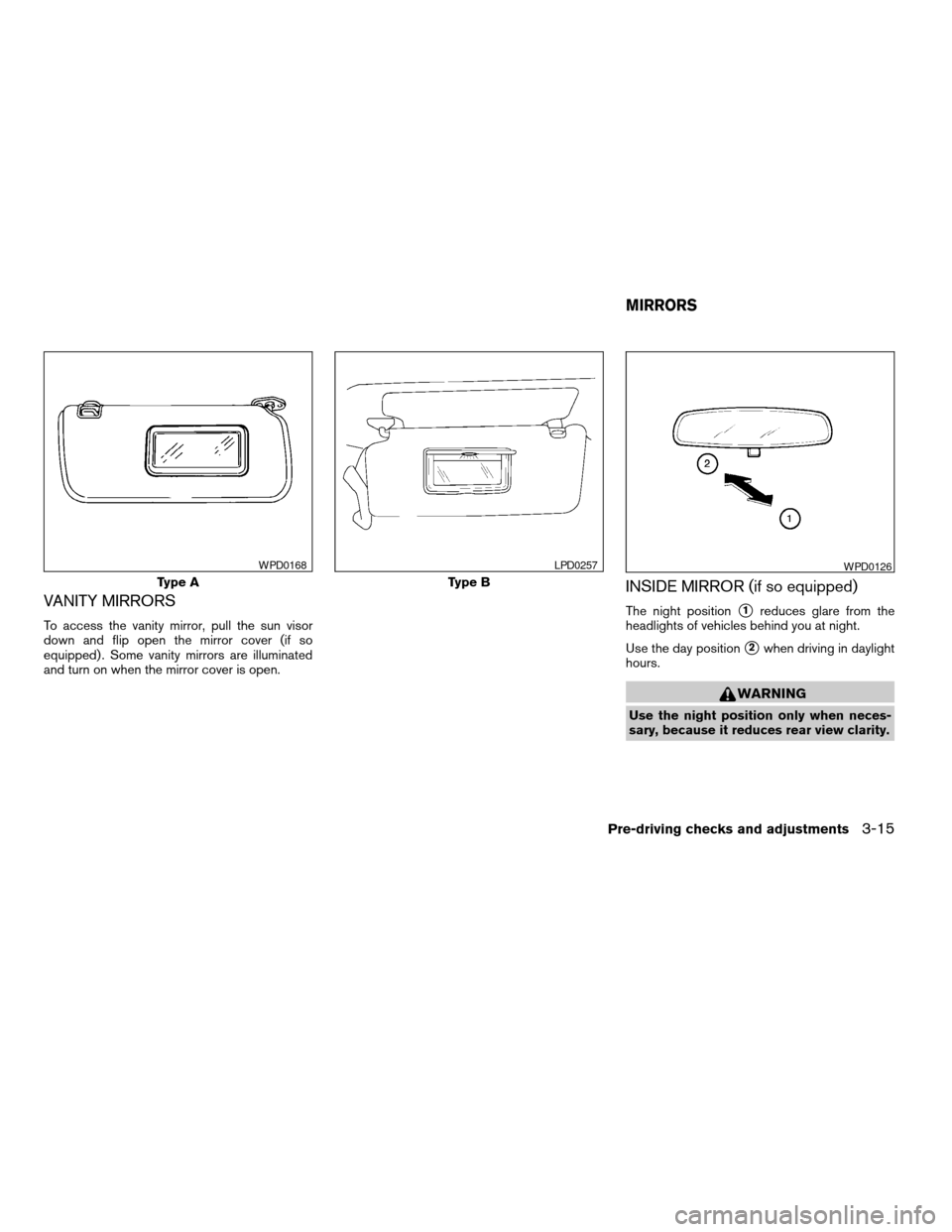 NISSAN TITAN 2004 1.G Owners Manual VANITY MIRRORS
To access the vanity mirror, pull the sun visor
down and flip open the mirror cover (if so
equipped) . Some vanity mirrors are illuminated
and turn on when the mirror cover is open.
INS