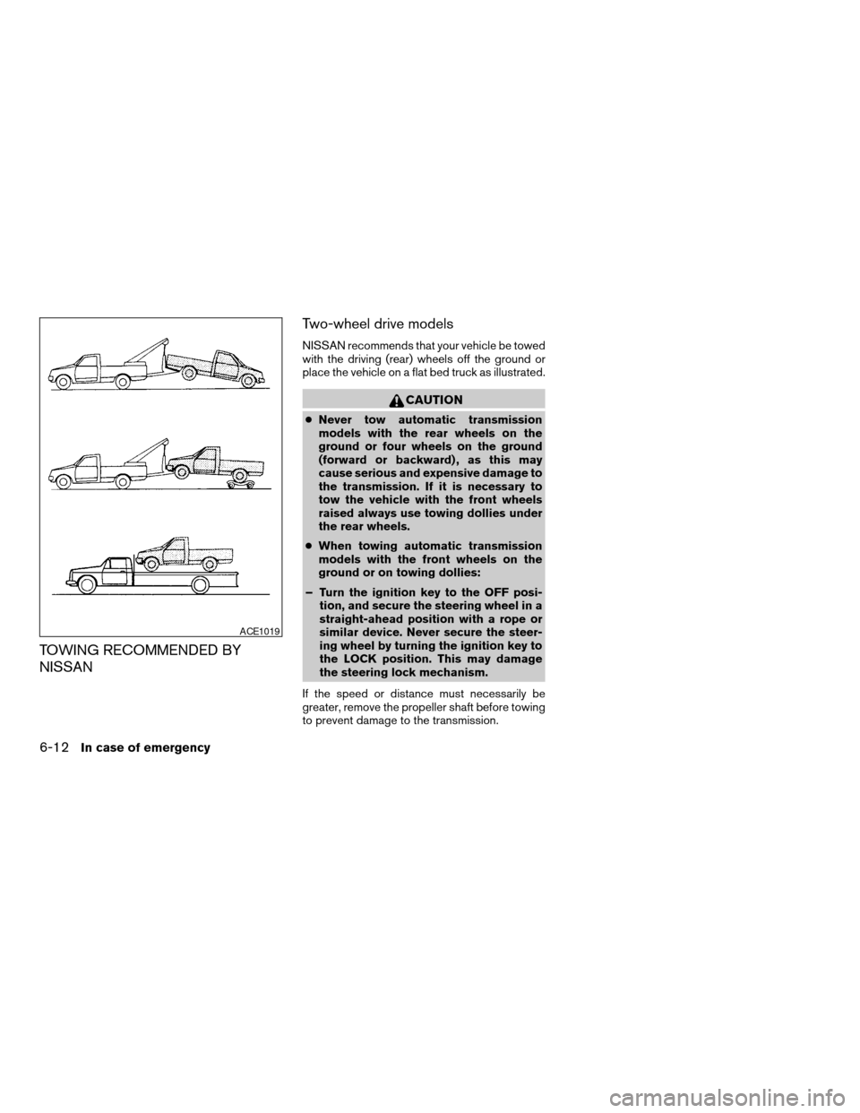 NISSAN TITAN 2004 1.G Owners Manual TOWING RECOMMENDED BY
NISSANTwo-wheel drive models
NISSAN recommends that your vehicle be towed
with the driving (rear) wheels off the ground or
place the vehicle on a flat bed truck as illustrated.
C