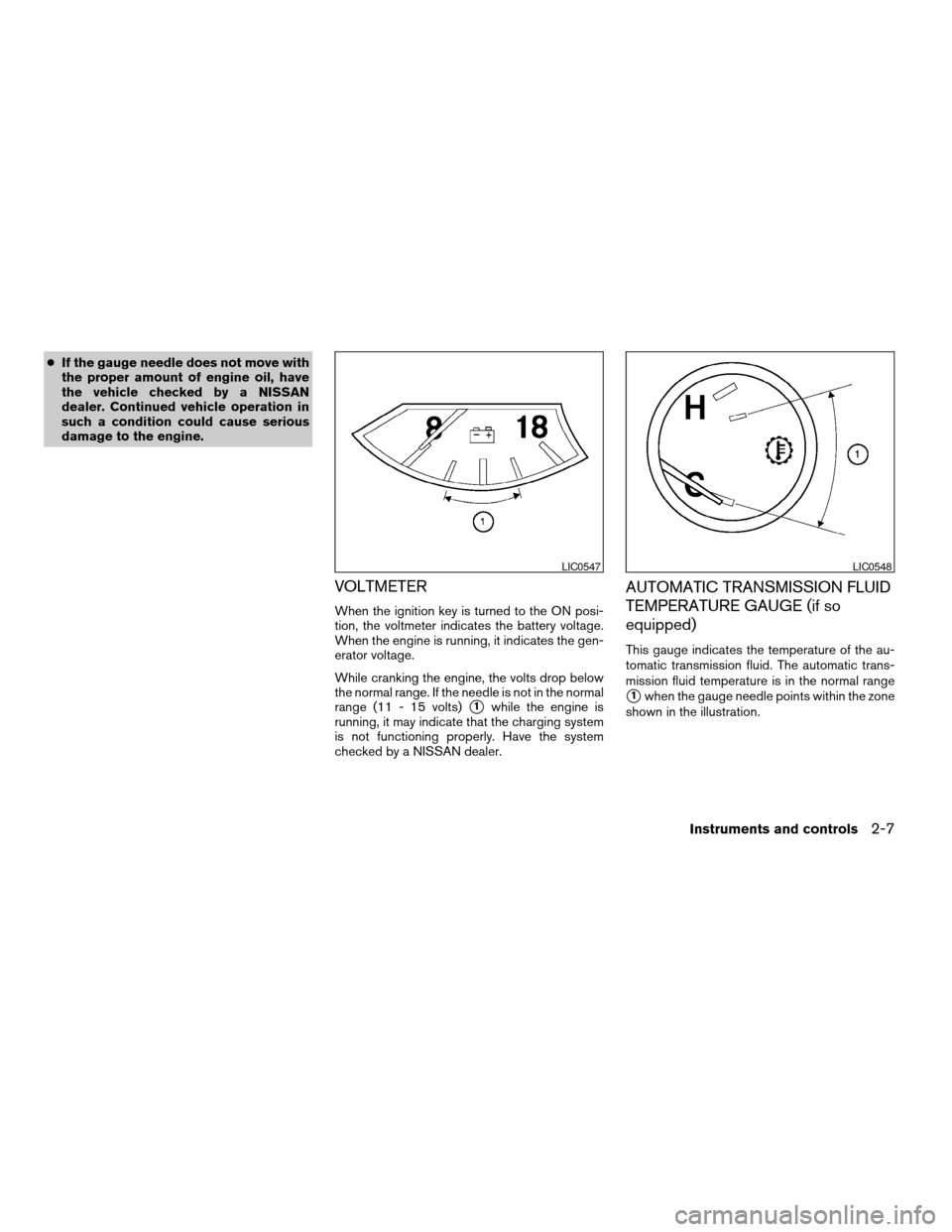 NISSAN TITAN 2004 1.G Manual PDF cIf the gauge needle does not move with
the proper amount of engine oil, have
the vehicle checked by a NISSAN
dealer. Continued vehicle operation in
such a condition could cause serious
damage to the 