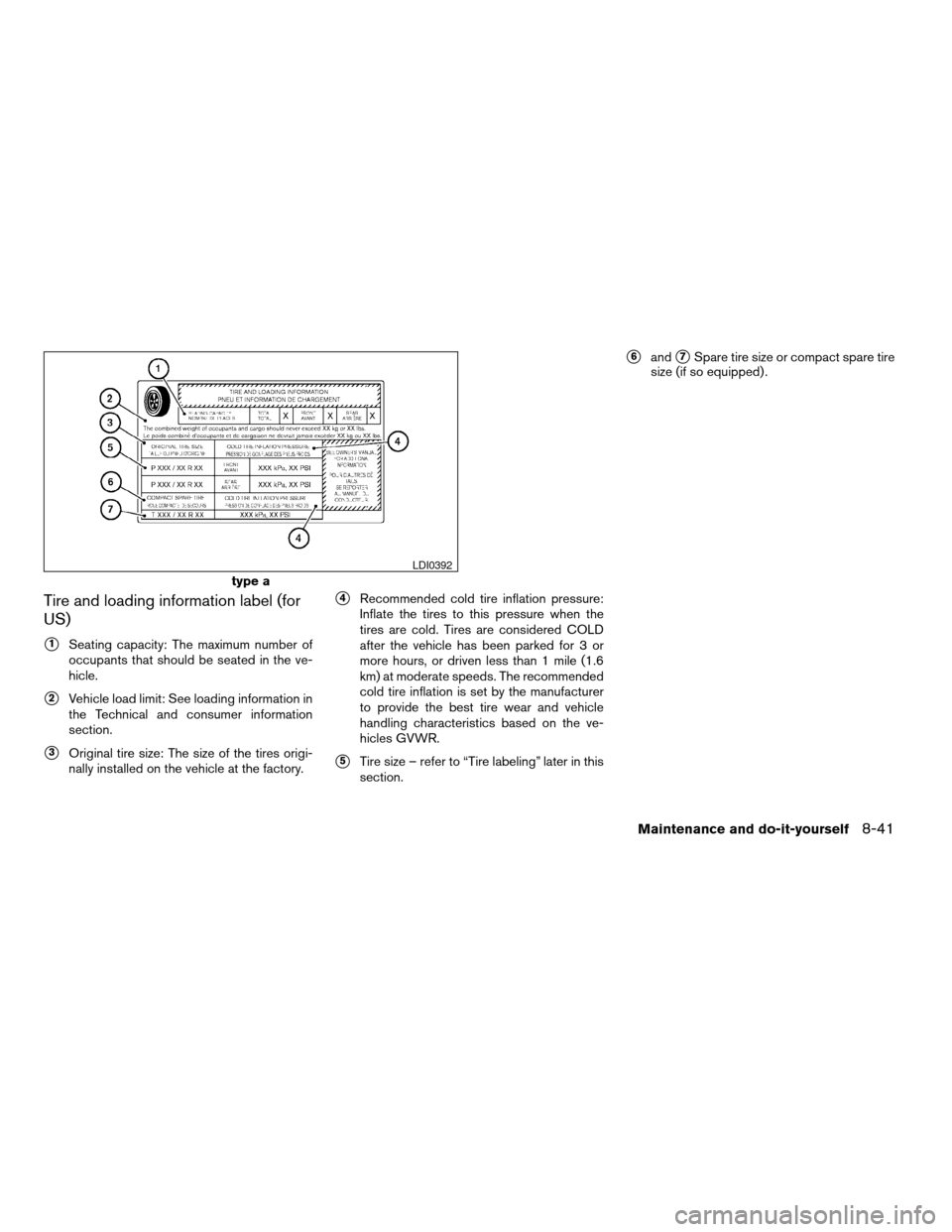 NISSAN XTERRA 2004 WD22 / 1.G User Guide Tire and loading information label (for
US)
s1Seating capacity: The maximum number of
occupants that should be seated in the ve-
hicle.
s2Vehicle load limit: See loading information in
the Technical a