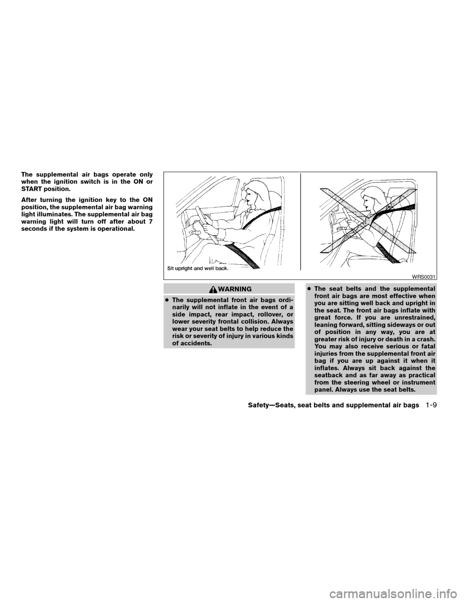 NISSAN XTERRA 2004 WD22 / 1.G Owners Manual The supplemental air bags operate only
when the ignition switch is in the ON or
START position.
After turning the ignition key to the ON
position, the supplemental air bag warning
light illuminates. T