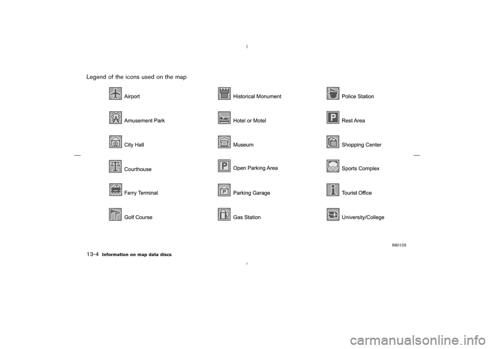 NISSAN 350Z 2005 Z33 Navigation Manual INI0105
Legend of the icons used on the map13-4
Information on map data discs

04.7.6/Z33-N
 