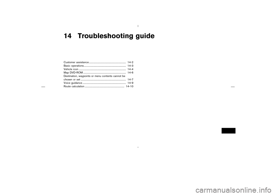 NISSAN 350Z 2005 Z33 Navigation Manual 14 Troubleshooting guideCustomer assistance .......................................................... 14-2
Basic operations .................................................................. 14-3
Veh