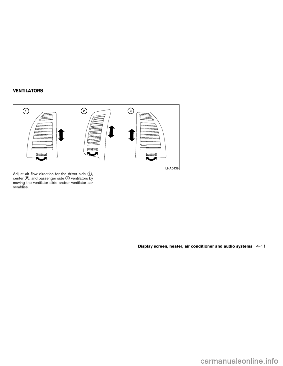 NISSAN ALTIMA 2005 L31 / 3.G Owners Manual Adjust air flow direction for the driver sides1,
center
s2, and passenger sides3ventilators by
moving the ventilator slide and/or ventilator as-
semblies.
LHA0439
VENTILATORS
Display screen, heater, a NISSAN ALTIMA 2005 L31 / 3.G Owners Manual Adjust air flow direction for the driver sides1,
center
s2, and passenger sides3ventilators by
moving the ventilator slide and/or ventilator as-
semblies.
LHA0439
VENTILATORS
Display screen, heater, a