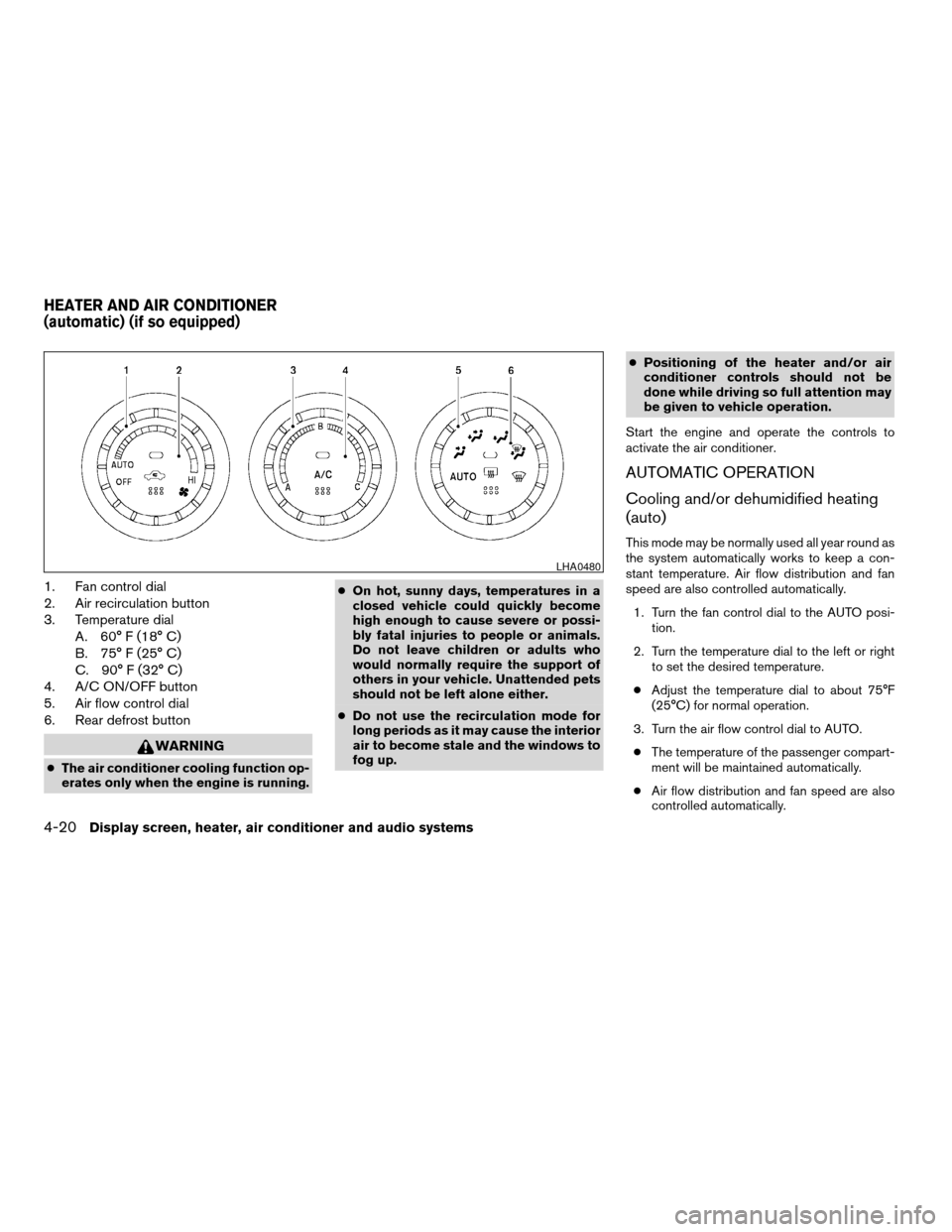 NISSAN ALTIMA 2005 L31 / 3.G Owners Manual 1. Fan control dial
2. Air recirculation button
3. Temperature dialA. 60° F (18° C)
B. 75° F (25° C)
C. 90° F (32° C)
4. A/C ON/OFF button
5. Air flow control dial
6. Rear defrost button
WARNING