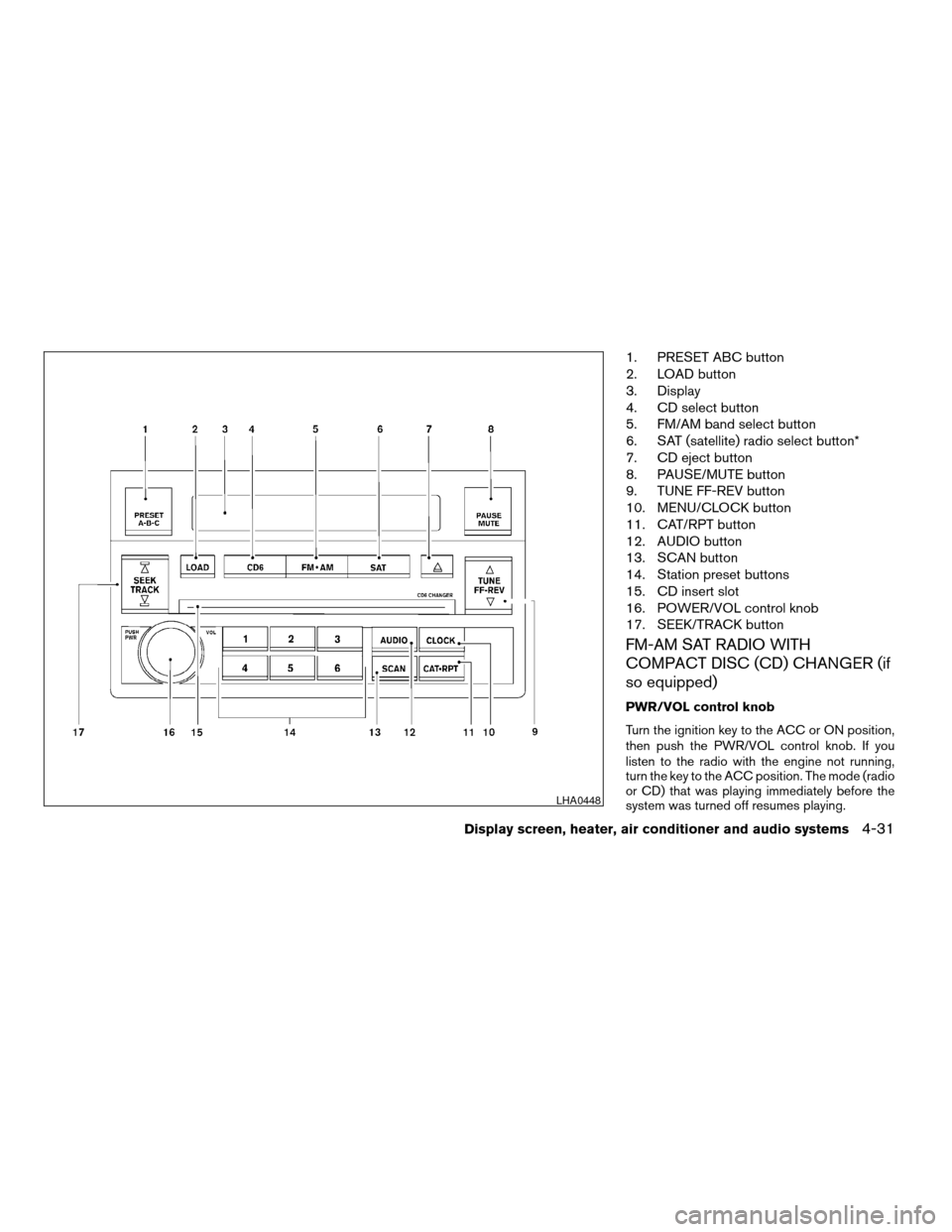 NISSAN ALTIMA 2005 L31 / 3.G Owners Manual 1. PRESET ABC button
2. LOAD button
3. Display
4. CD select button
5. FM/AM band select button
6. SAT (satellite) radio select button*
7. CD eject button
8. PAUSE/MUTE button
9. TUNE FF-REV button
10. NISSAN ALTIMA 2005 L31 / 3.G Owners Manual 1. PRESET ABC button
2. LOAD button
3. Display
4. CD select button
5. FM/AM band select button
6. SAT (satellite) radio select button*
7. CD eject button
8. PAUSE/MUTE button
9. TUNE FF-REV button
10.