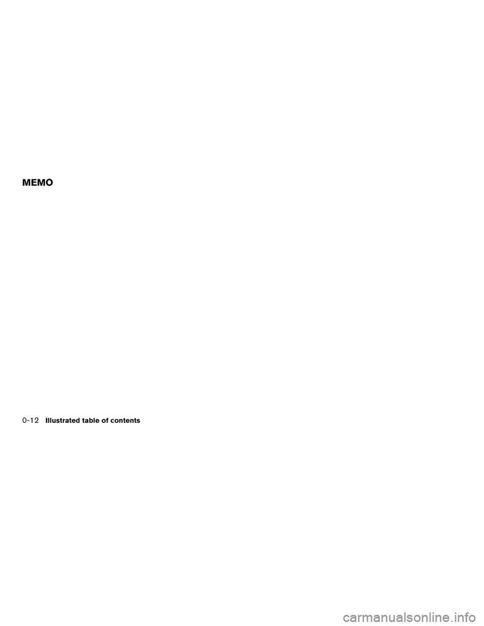 NISSAN ALTIMA 2005 L31 / 3.G User Guide 0-12Illustrated table of contents
MEMO NISSAN ALTIMA 2005 L31 / 3.G User Guide 0-12Illustrated table of contents
MEMO