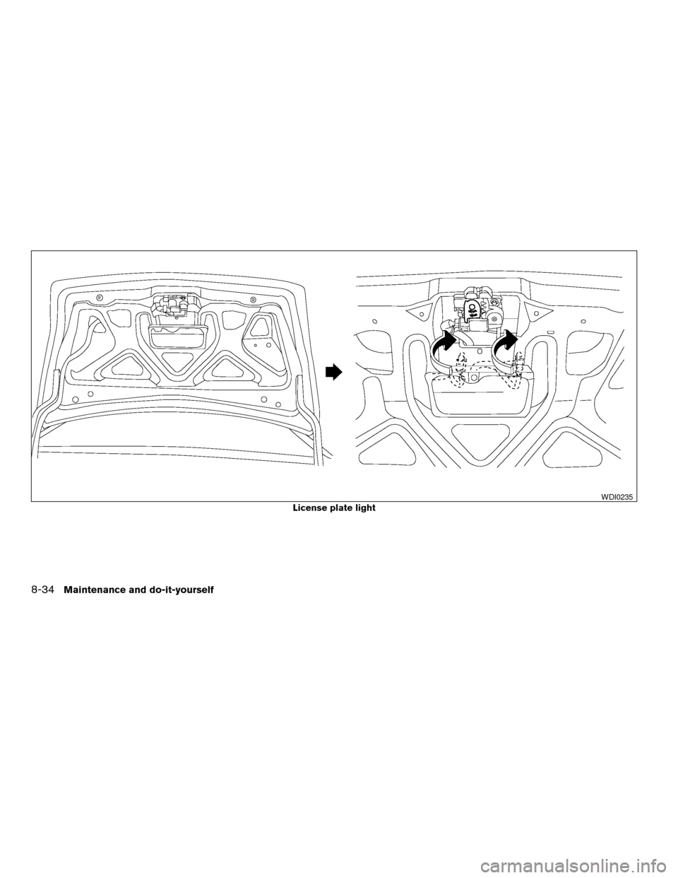 NISSAN ALTIMA 2005 L31 / 3.G Owners Manual License plate light
WDI0235
8-34Maintenance and do-it-yourself
ZREVIEW COPYÐ2005 Altima(l30)
Owners ManualÐUSA_English (nna)
06/28/04Ðtbrooks
X 
