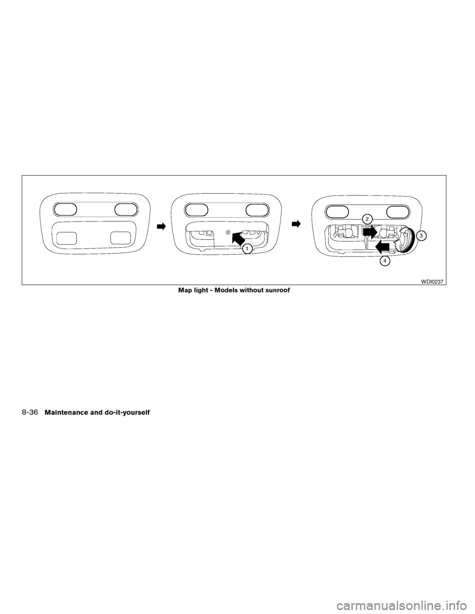 NISSAN ALTIMA 2005 L31 / 3.G Owners Manual Map light - Models without sunroof
WDI0237
8-36Maintenance and do-it-yourself
ZREVIEW COPYÐ2005 Altima(l30)
Owners ManualÐUSA_English (nna)
06/28/04Ðtbrooks
X NISSAN ALTIMA 2005 L31 / 3.G Owners Manual Map light - Models without sunroof
WDI0237
8-36Maintenance and do-it-yourself
ZREVIEW COPYÐ2005 Altima(l30)
Owners ManualÐUSA_English (nna)
06/28/04Ðtbrooks
X