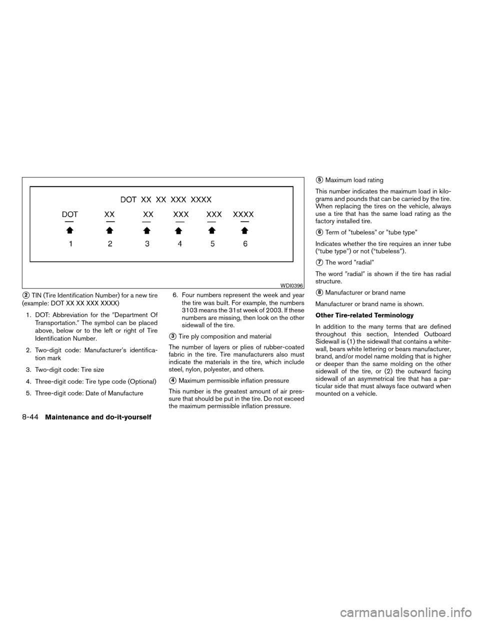 NISSAN ALTIMA 2005 L31 / 3.G Owners Manual s2TIN (Tire Identification Number) for a new tire
(example: DOT XX XX XXX XXXX)
1. DOT: Abbreviation for the 9Department Of
Transportation. 9The symbol can be placed
above, below or to the left or rig NISSAN ALTIMA 2005 L31 / 3.G Owners Manual s2TIN (Tire Identification Number) for a new tire
(example: DOT XX XX XXX XXXX)
1. DOT: Abbreviation for the 9Department Of
Transportation. 9The symbol can be placed
above, below or to the left or rig