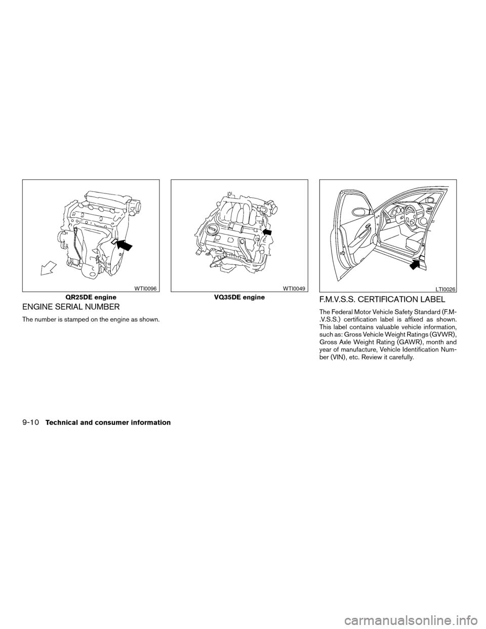 NISSAN ALTIMA 2005 L31 / 3.G Owners Manual ENGINE SERIAL NUMBER
The number is stamped on the engine as shown.
F.M.V.S.S. CERTIFICATION LABEL
The Federal Motor Vehicle Safety Standard (F.M-
.V.S.S.) certification label is affixed as shown.
This