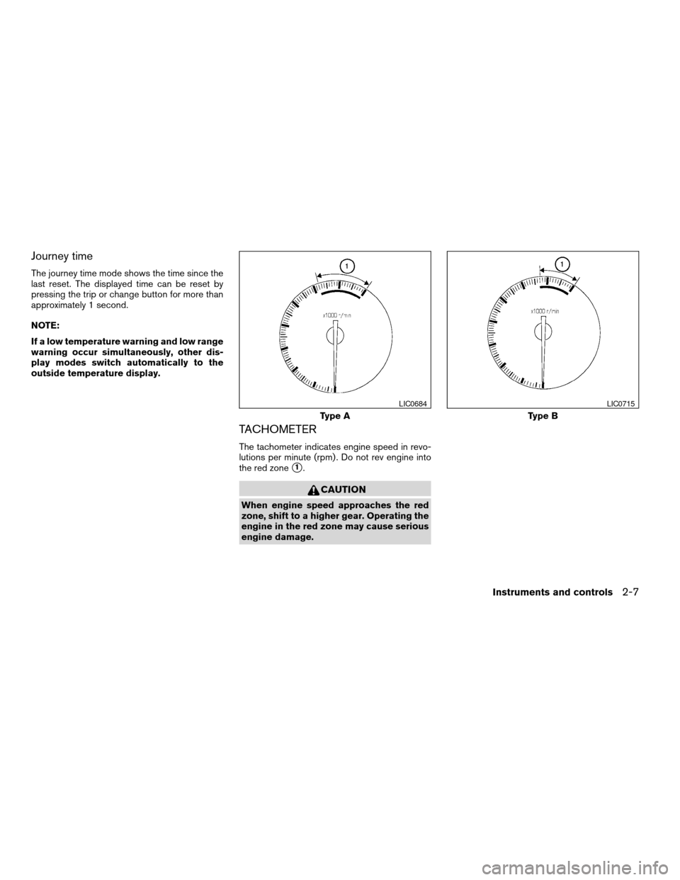 NISSAN ALTIMA 2005 L31 / 3.G Manual PDF Journey time
The journey time mode shows the time since the
last reset. The displayed time can be reset by
pressing the trip or change button for more than
approximately 1 second.
NOTE:
If a low tempe NISSAN ALTIMA 2005 L31 / 3.G Manual PDF Journey time
The journey time mode shows the time since the
last reset. The displayed time can be reset by
pressing the trip or change button for more than
approximately 1 second.
NOTE:
If a low tempe