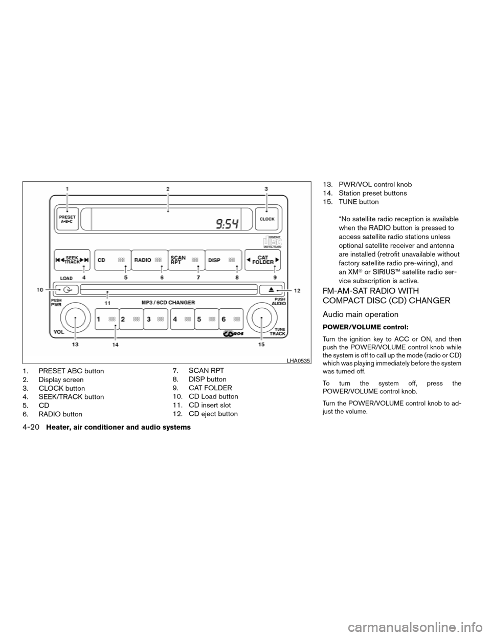 NISSAN FRONTIER 2005 D22 / 1.G Owners Manual 1. PRESET ABC button
2. Display screen
3. CLOCK button
4. SEEK/TRACK button
5. CD
6. RADIO button7. SCAN RPT
8. DISP button
9. CAT FOLDER
10. CD Load button
11. CD insert slot
12. CD eject button13. P NISSAN FRONTIER 2005 D22 / 1.G Owners Manual 1. PRESET ABC button
2. Display screen
3. CLOCK button
4. SEEK/TRACK button
5. CD
6. RADIO button7. SCAN RPT
8. DISP button
9. CAT FOLDER
10. CD Load button
11. CD insert slot
12. CD eject button13. P