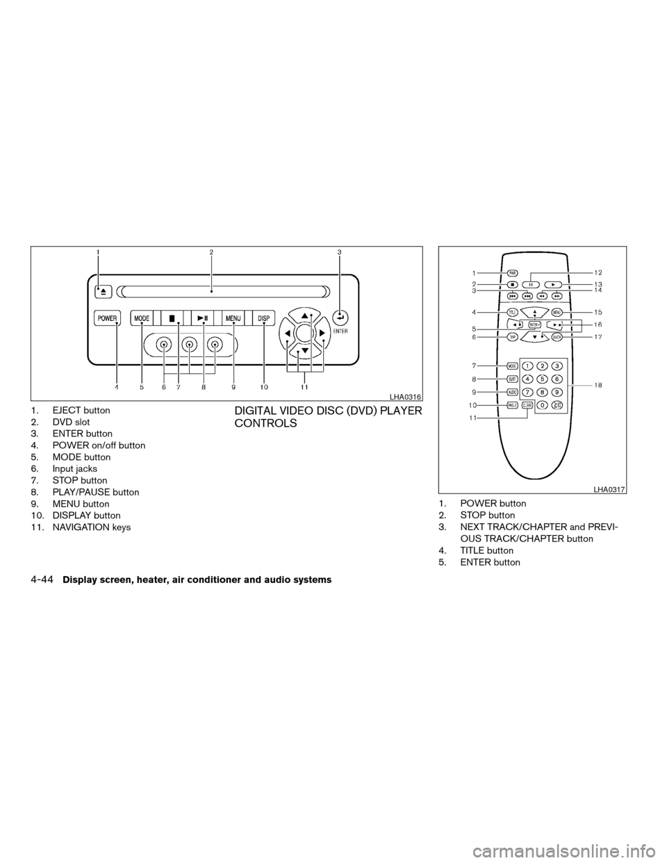 NISSAN PATHFINDER 2005 R51 / 3.G Repair Manual 1. EJECT button
2. DVD slot
3. ENTER button
4. POWER on/off button
5. MODE button
6. Input jacks
7. STOP button
8. PLAY/PAUSE button
9. MENU button
10. DISPLAY button
11. NAVIGATION keysDIGITAL VIDEO 