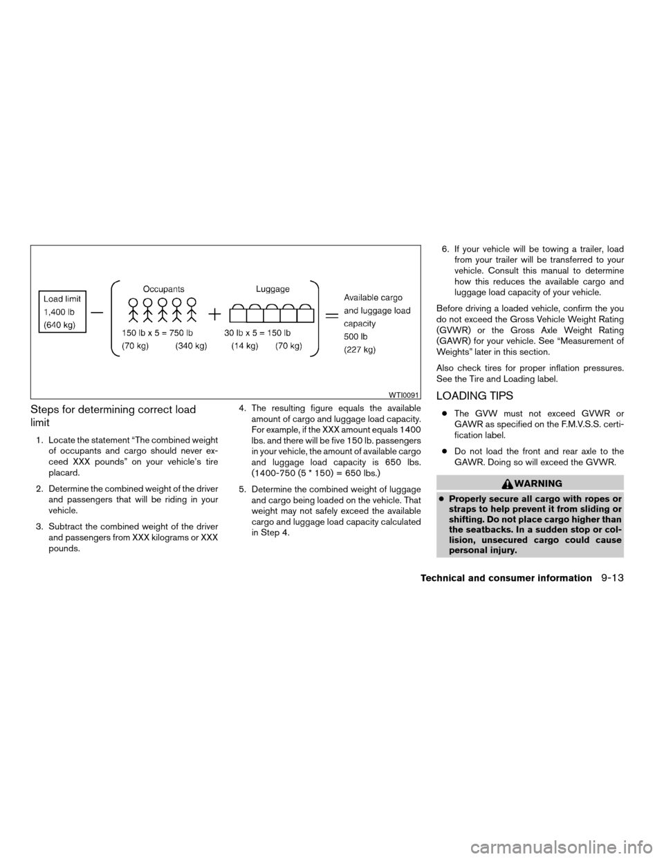 NISSAN QUEST 2005 V42 / 3.G Owners Manual Steps for determining correct load
limit
1. Locate the statement “The combined weight
of occupants and cargo should never ex-
ceed XXX pounds” on your vehicle’s tire
placard.
2. Determine the co