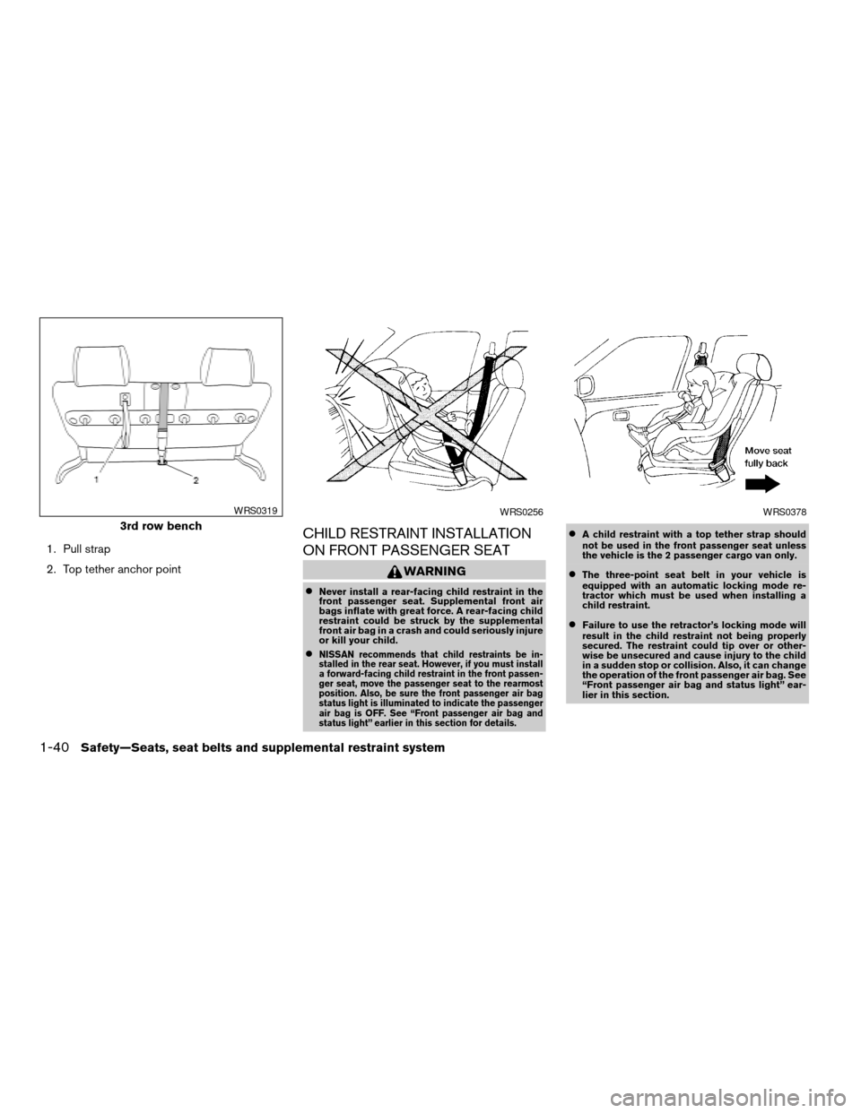 NISSAN QUEST 2005 V42 / 3.G Workshop Manual 1. Pull strap
2. Top tether anchor point
CHILD RESTRAINT INSTALLATION
ON FRONT PASSENGER SEAT
WARNING
cNever install a rear-facing child restraint in the
front passenger seat. Supplemental front air
b NISSAN QUEST 2005 V42 / 3.G Workshop Manual 1. Pull strap
2. Top tether anchor point
CHILD RESTRAINT INSTALLATION
ON FRONT PASSENGER SEAT
WARNING
cNever install a rear-facing child restraint in the
front passenger seat. Supplemental front air
b