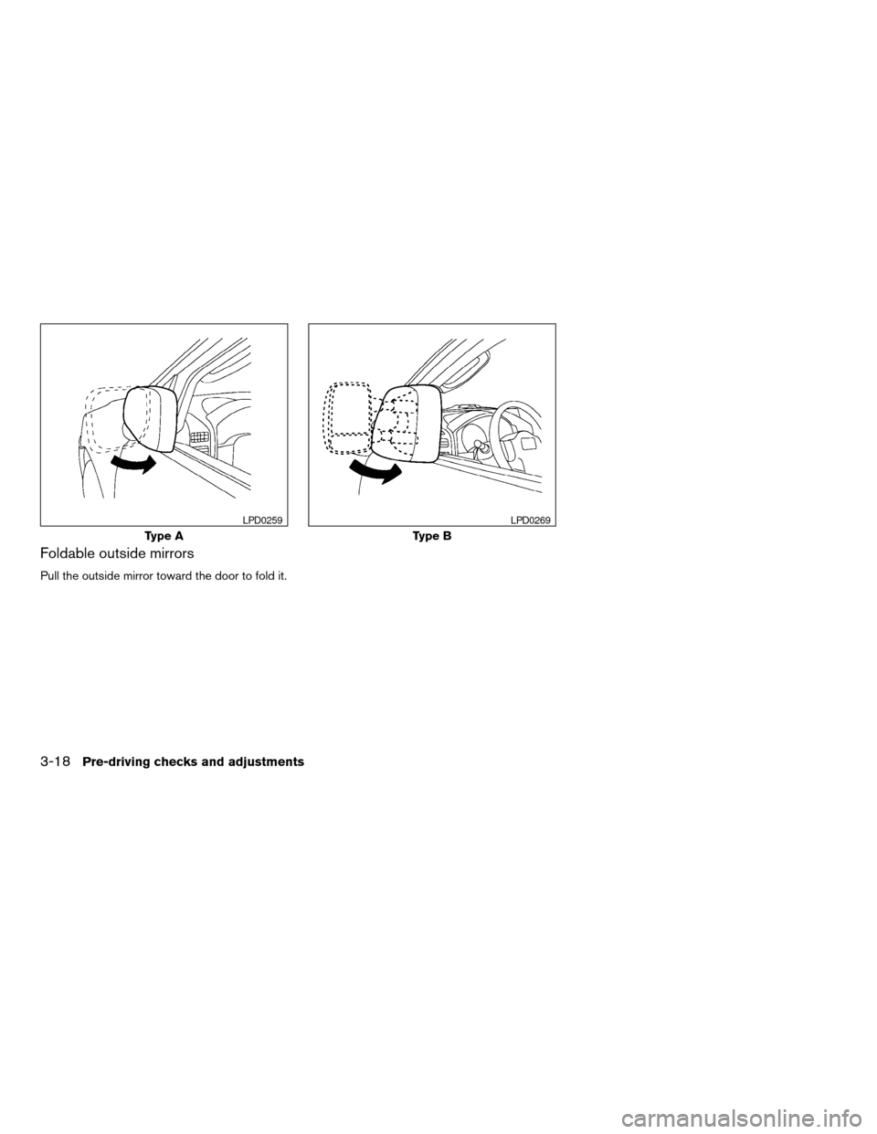 NISSAN TITAN 2005 1.G Owners Manual Foldable outside mirrors
Pull the outside mirror toward the door to fold it.
Type A
LPD0259
Type B
LPD0269
3-18Pre-driving checks and adjustments
ZREVIEW COPYÐ2005 Titan(tzw)
Owners ManualÐUSA_Engli