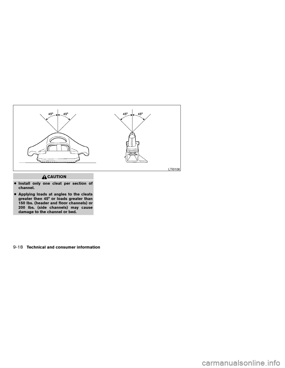 NISSAN TITAN 2005 1.G Owners Manual CAUTION
cInstall only one cleat per section of
channel.
cApplying loads at angles to the cleats
greater then 45° or loads greater than
150 lbs. (header and floor channels) or
200 lbs. (side channels)