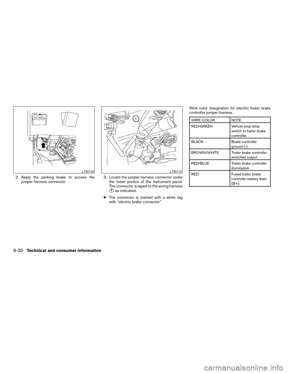 NISSAN TITAN 2005 1.G Owners Manual 2. Apply the parking brake to access the
jumper harness connector.3. Locate the jumper harness connector under
the lower portion of the instrument panel.
The connector is taped to the wiring harness
s