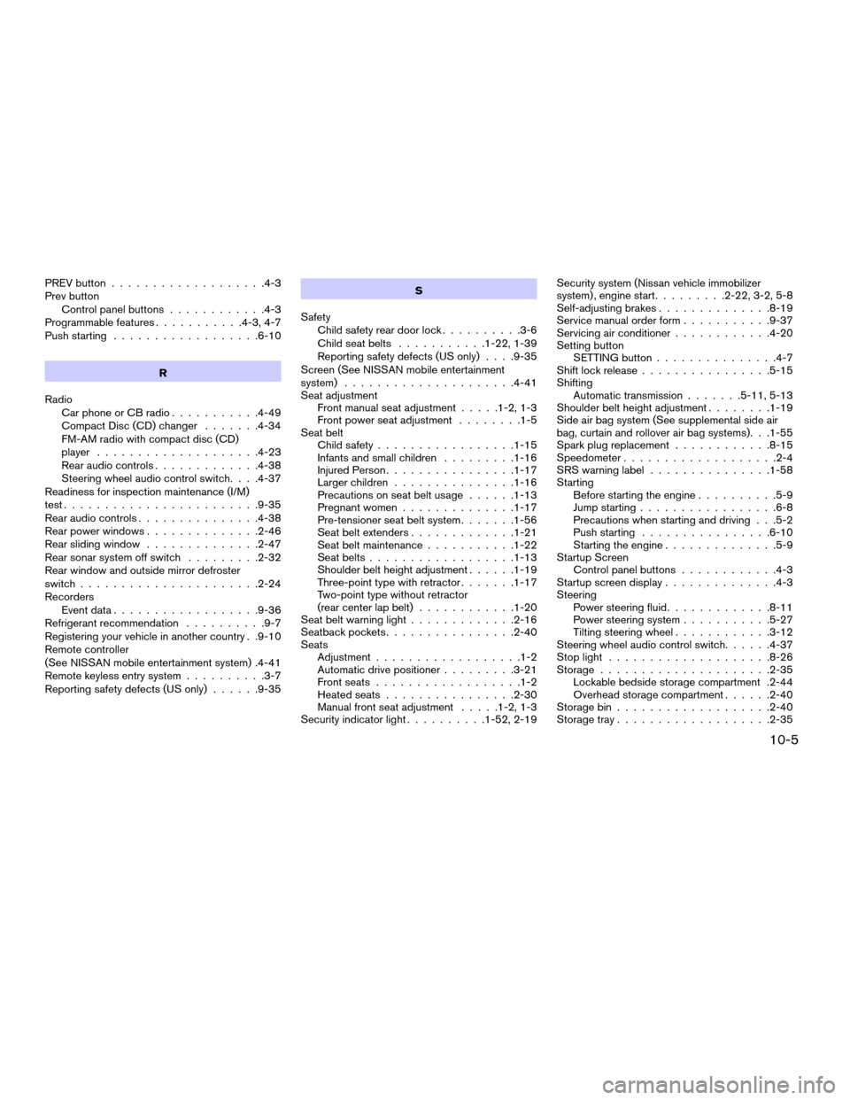 NISSAN TITAN 2005 1.G Service Manual PREV button...................4-3
Prev button
Control panel buttons............4-3
Programmable features...........4-3, 4-7
Push starting..................6-10
R
Radio
Car phone or CB radio...........