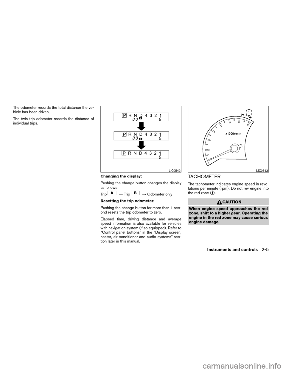 NISSAN TITAN 2005 1.G Owners Manual The odometer records the total distance the ve-
hicle has been driven.
The twin trip odometer records the distance of
individual trips.
Changing the display:
Pushing the change button changes the disp