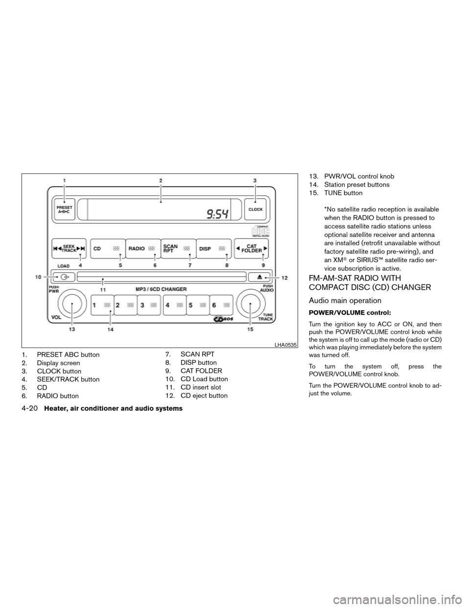 NISSAN XTERRA 2005 N50 / 2.G Owners Manual 1. PRESET ABC button
2. Display screen
3. CLOCK button
4. SEEK/TRACK button
5. CD
6. RADIO button7. SCAN RPT
8. DISP button
9. CAT FOLDER
10. CD Load button
11. CD insert slot
12. CD eject button13. P