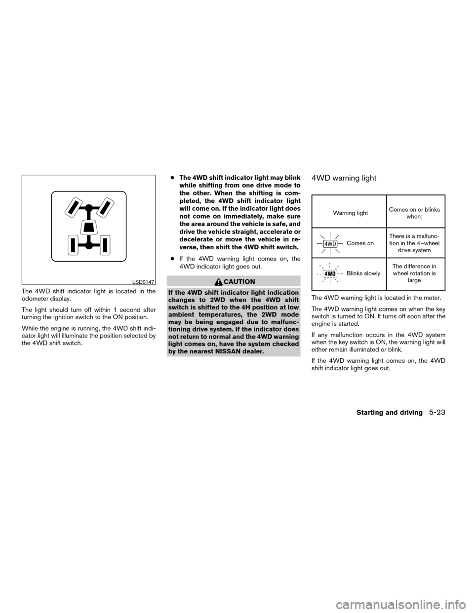 NISSAN XTERRA 2005 N50 / 2.G Service Manual The 4WD shift indicator light is located in the
odometer display.
The light should turn off within 1 second after
turning the ignition switch to the ON position.
While the engine is running, the 4WD s