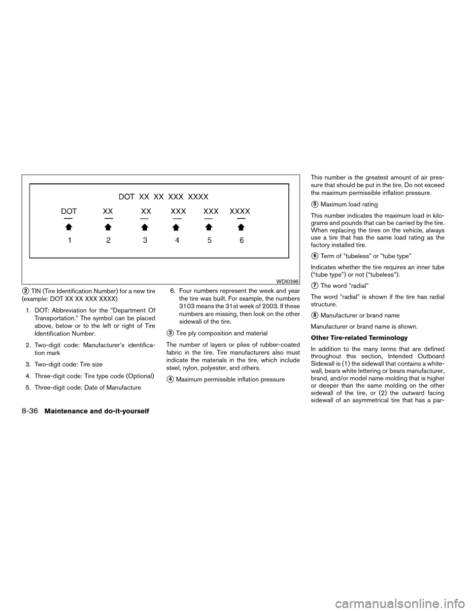 NISSAN XTERRA 2005 N50 / 2.G Owners Manual s2TIN (Tire Identification Number) for a new tire
(example: DOT XX XX XXX XXXX)
1. DOT: Abbreviation for the9Department Of
Transportation.9The symbol can be placed
above, below or to the left or right NISSAN XTERRA 2005 N50 / 2.G Owners Manual s2TIN (Tire Identification Number) for a new tire
(example: DOT XX XX XXX XXXX)
1. DOT: Abbreviation for the9Department Of
Transportation.9The symbol can be placed
above, below or to the left or right