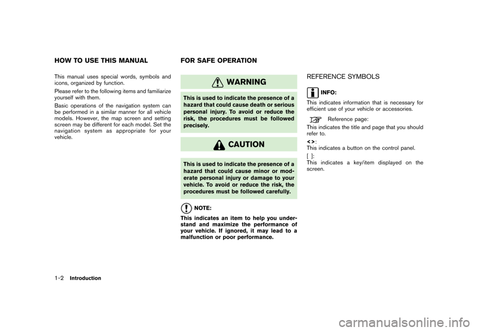 NISSAN TITAN 2006 1.G Navigation Manual 
This manual uses special words, symbols and
icons, organized by function.
Please refer to the following items and familiarize
yourself with them.
Basic operations of the navigation system can
be perf