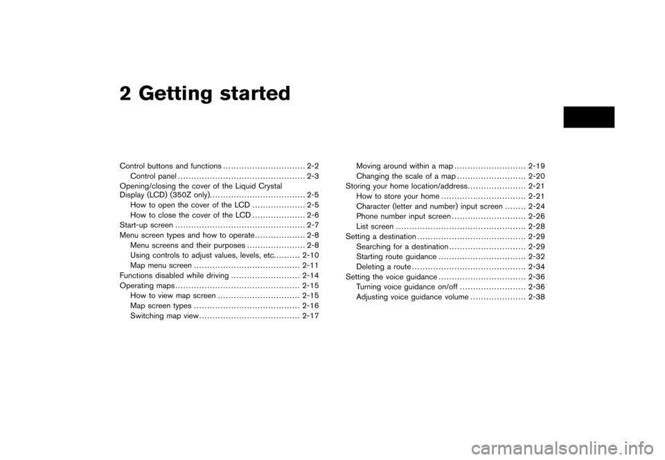 NISSAN ALTIMA 2006 L31 / 3.G Navigation Manual 
2 Getting startedControl buttons and functions............................... 2-2
Control panel ................................................ 2-3
Opening/closing the cover of the Liquid Crystal
Di