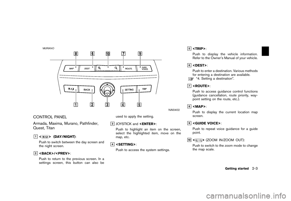 NISSAN MURANO 2006 1.G Navigation Manual 
NAI0402
CONTROL PANEL
Armada, Maxima, Murano, Pathfinder,
Quest, Titan&1<
> (DAY/NIGHT):
Push to switch between the day screen and
the night screen.
&2<BACK>/<PREV> :
Push to return to the previous s