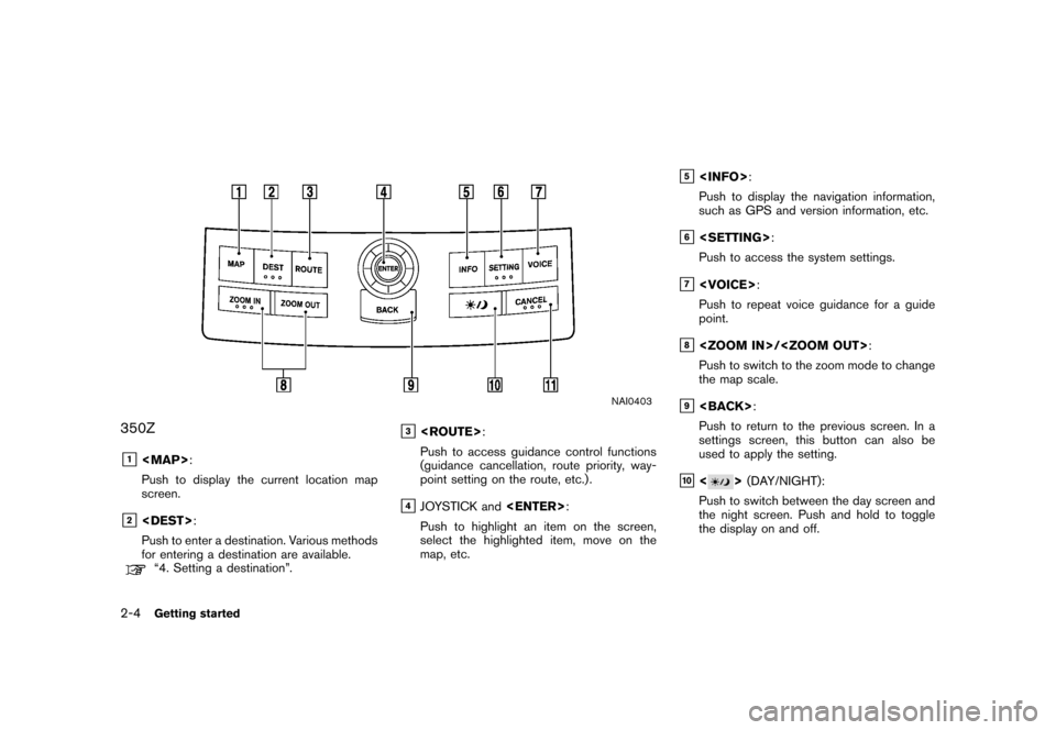 NISSAN TITAN 2006 1.G Navigation Manual 
NAI0403
350Z&1<MAP>:
Push to display the current location map
screen.
&2<DEST>:
Push to enter a destination. Various methods
for entering a destination are available.“4. Setting a destination”.
&