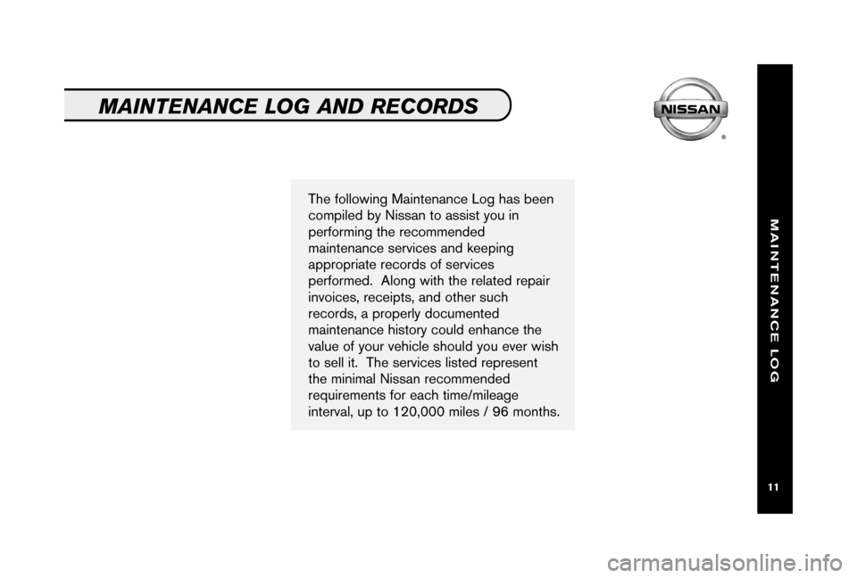 NISSAN PATHFINDER 2006 R51 / 3.G Service And Maintenance Guide The following Maintenance Log has been
compiled by Nissan to assist you in
performing the recommended
maintenance services and keeping
appropriate records of services
performed.  Along with the relate