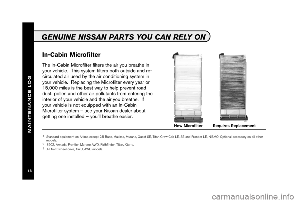 NISSAN PATHFINDER 2006 R51 / 3.G Service And Maintenance Guide In-Cabin Microfilter
The In-Cabin Microfilter filters the air you breathe in
your vehicle.  This system filters both outside and re-
circulated air used by the air conditioning system in
your vehicle.