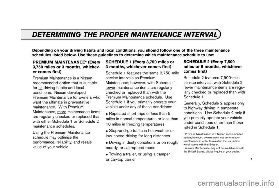 NISSAN QUEST 2006 V42 / 3.G Service And Maintenance Guide 7
DETERMINING THE PROPER MAINTENANCE INTERVAL
PREMIUM MAINTENANCE* (Every
3,750 miles or 3 months, whichev-
er comes first)
Premium Maintenance is a Nissan-
recommended option that is suitable
for all