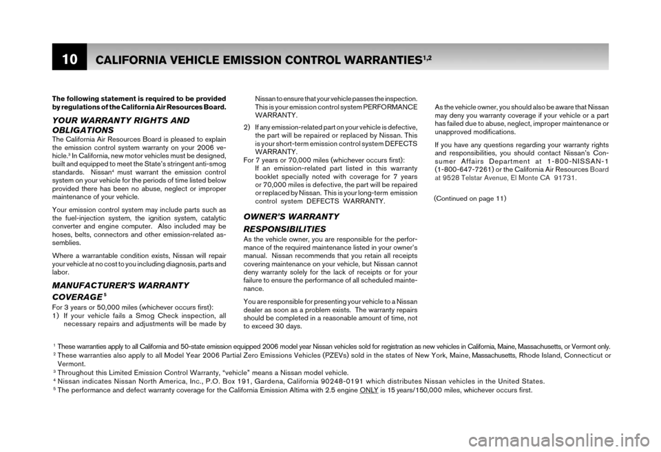 NISSAN MAXIMA 2006 A34 / 6.G Warranty Booklet 10
Nissan to ensure that your vehicle passes the inspection. 
This is your emission control system PERFORMANCE 
WARRANTY. 
2) If any emission-related part on your vehicle is defective,  the part will 