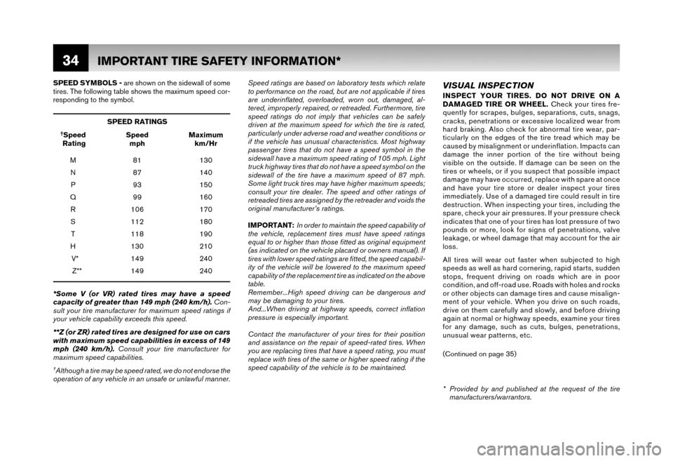 NISSAN 350Z 2006 Z33 Warranty Booklet 34
SPEED SYMBOLS - are shown on the sidewall of some 
tires. The following table shows the maximum speed cor- 
responding to the symbol.
SPEED RATINGS
†Speed Speed Maximum
 Rating mph km/Hr 
M 81 13