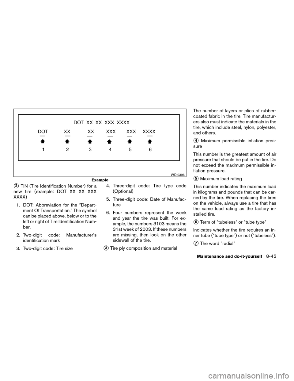 NISSAN ALTIMA 2006 L31 / 3.G Owners Manual s2TIN (Tire Identification Number) for a
new tire (example: DOT XX XX XXX
XXXX)
1. DOT: Abbreviation for the9Depart-
ment Of Transportation.9The symbol
can be placed above, below or to the
left or rig