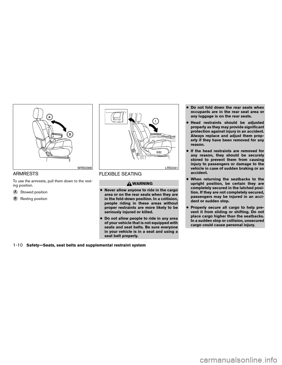 NISSAN ARMADA 2006 1.G Owners Manual ARMRESTS
To use the armrests, pull them down to the rest-
ing position.
sAStowed position
sBResting position
FLEXIBLE SEATING
WARNING
cNever allow anyone to ride in the cargo
area or on the rear seats