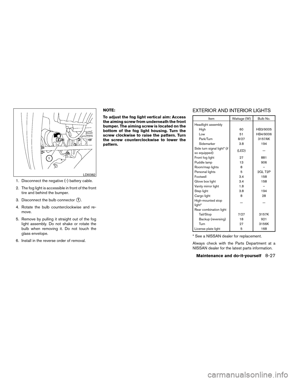 NISSAN ARMADA 2006 1.G Owners Manual 1. Disconnect the negative (-) battery cable.
2. The fog light is accessible in front of the front
tire and behind the bumper.
3. Disconnect the bulb connector
s1.
4. Rotate the bulb counterclockwise 