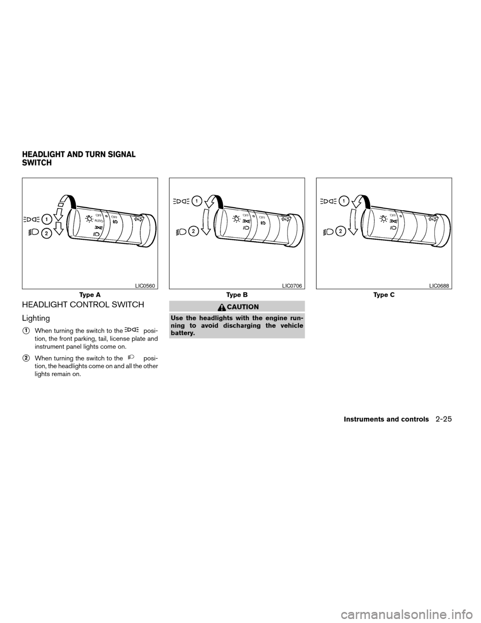 NISSAN FRONTIER 2006 D22 / 1.G Owners Manual HEADLIGHT CONTROL SWITCH
Lighting
s1When turning the switch to theposi-
tion, the front parking, tail, license plate and
instrument panel lights come on.
s2When turning the switch to theposi-
tion, th