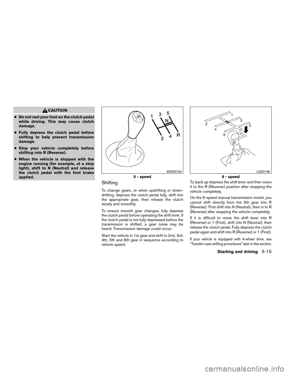 NISSAN FRONTIER 2006 D22 / 1.G User Guide CAUTION
cDo not rest your foot on the clutch pedal
while driving. This may cause clutch
damage.
cFully depress the clutch pedal before
shifting to help prevent transmission
damage.
cStop your vehicle 