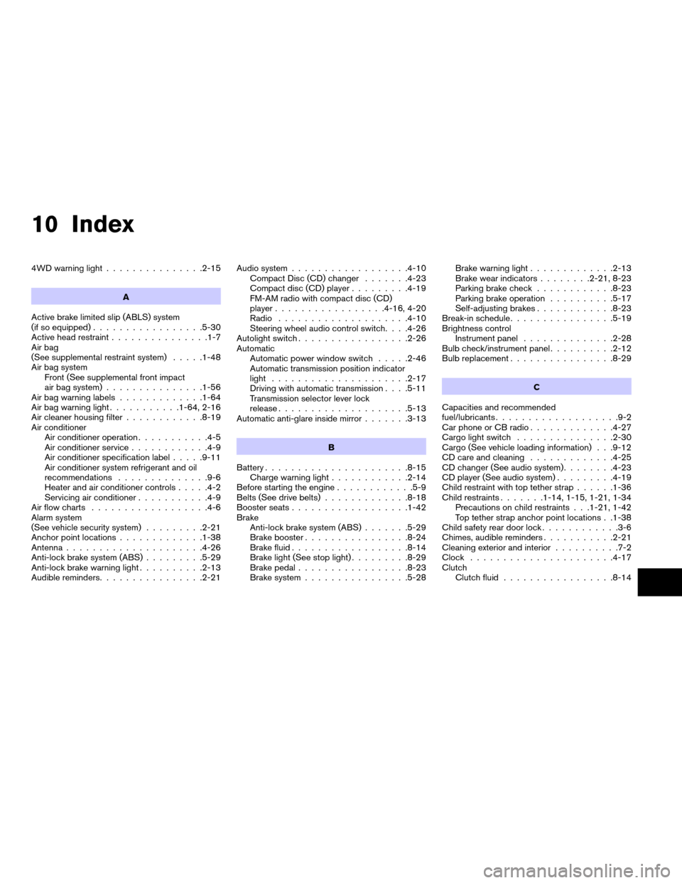 NISSAN FRONTIER 2006 D22 / 1.G Owners Manual 10 Index
4WD warning light...............2-15
A
Active brake limited slip (ABLS) system
(if so equipped).................5-30
Active head restraint...............1-7
Air bag
(See supplemental restrain