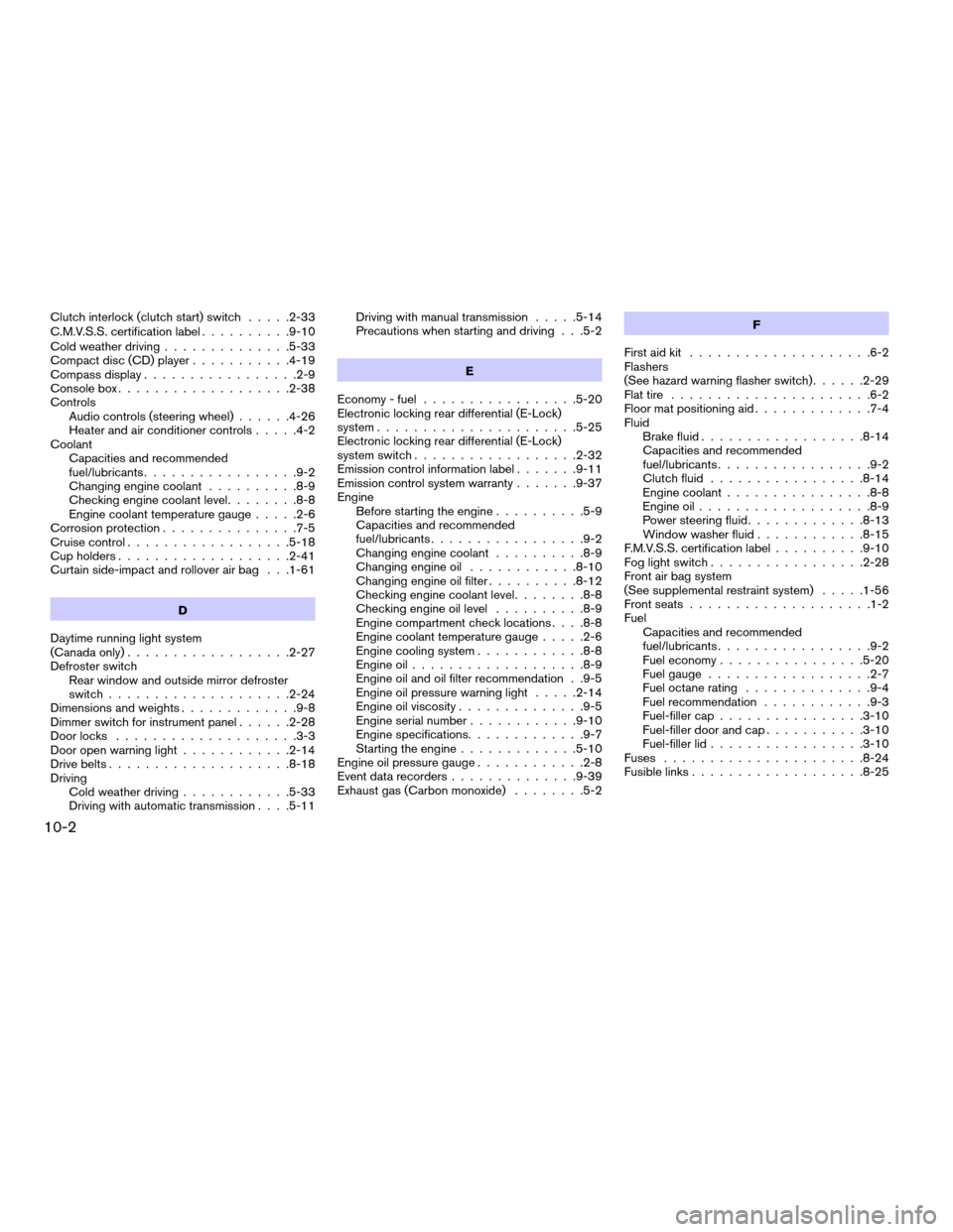 NISSAN FRONTIER 2006 D22 / 1.G Service Manual Clutch interlock (clutch start) switch.....2-33
C.M.V.S.S. certification label..........9-10
Cold weather driving..............5-33
Compact disc (CD) player...........4-19
Compass display.............